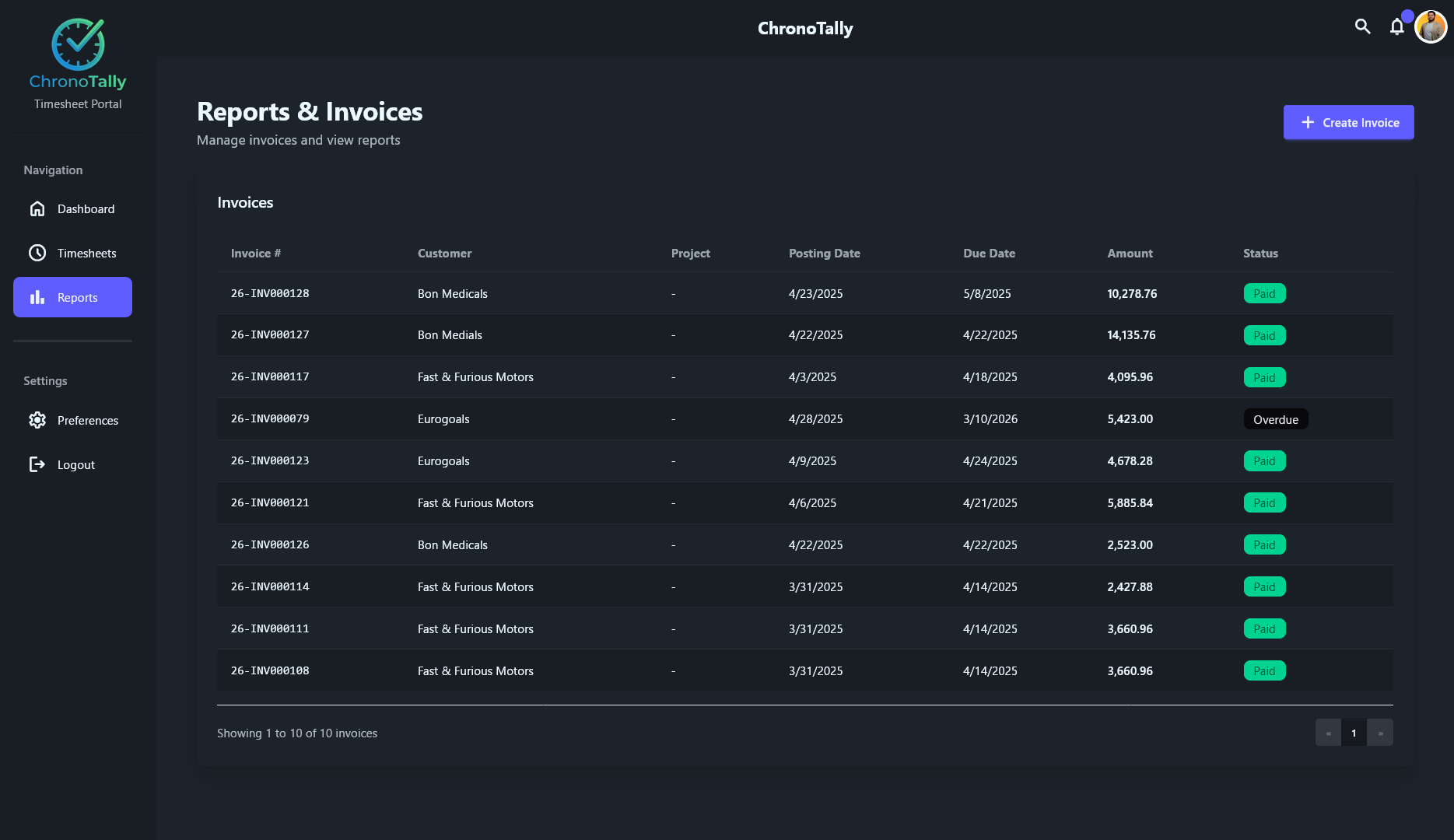 ChronoTally Reports and Invoices page showing invoice list