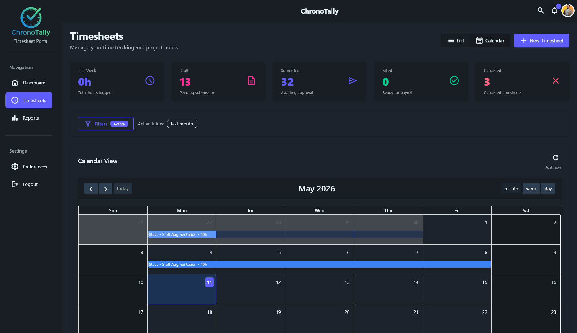 ChronoTally Timesheets Dashboard showing calendar view with project hours